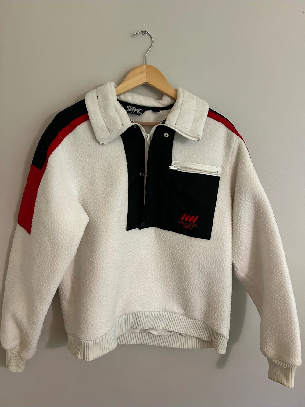 Men's White Sherpa Ski Pullover with Black Chest Pocket and Red Accents
